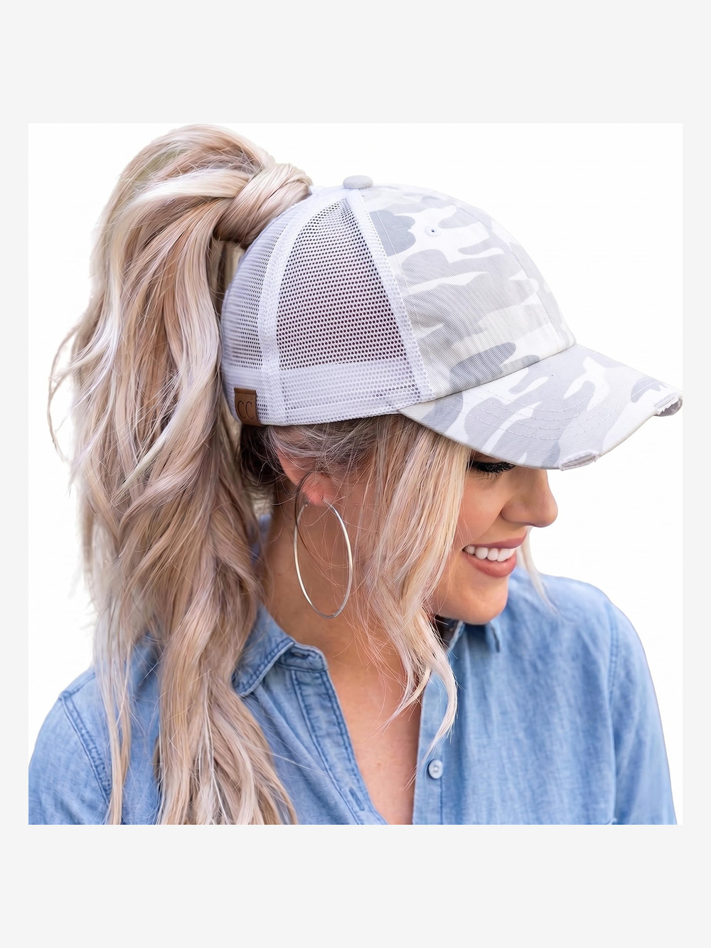 Criss Cross Ponytail Cap, Messy Bun Distressed Baseball | Camo White | Size OS